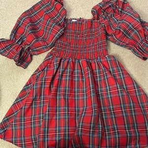 Plaid Red Dress with Puff Sleeves